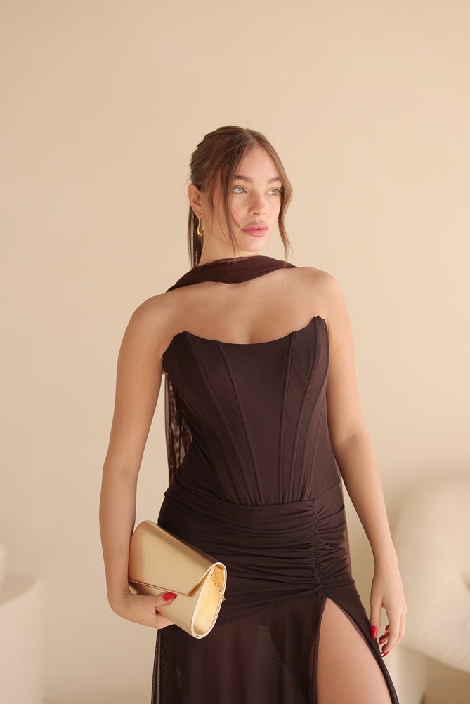 שמלת ערב מקסי אמרה חום 4