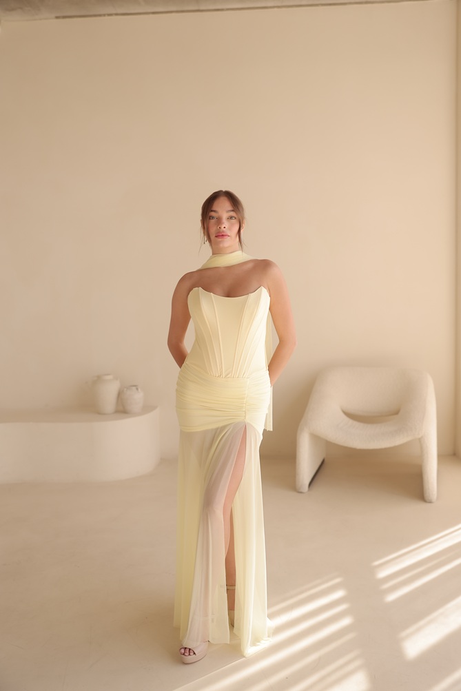 שמלת ערב מקסי אמרה צהוב 1