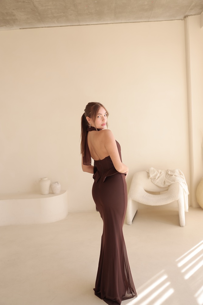 שמלת ערב מקסי לומיר חום 2