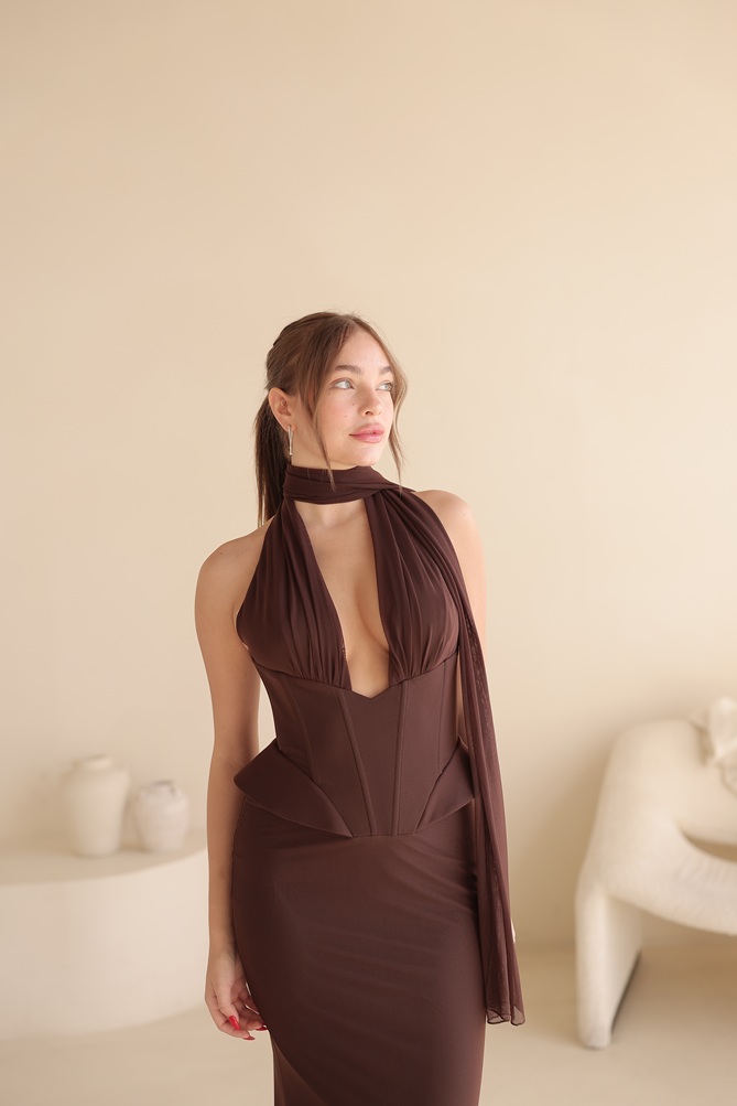 שמלת ערב מקסי לומיר חום 3