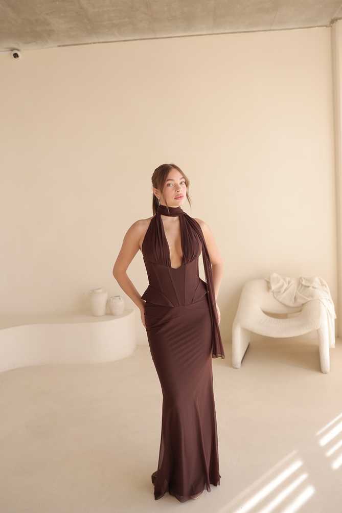 שמלת ערב מקסי לומיר חום 4