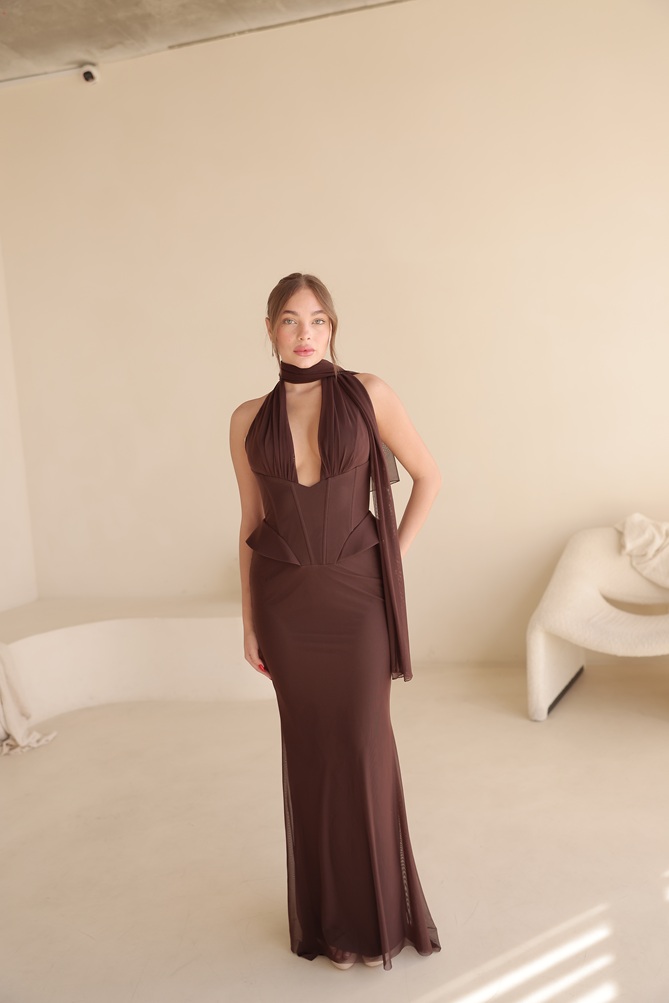 שמלת ערב מקסי לומיר חום