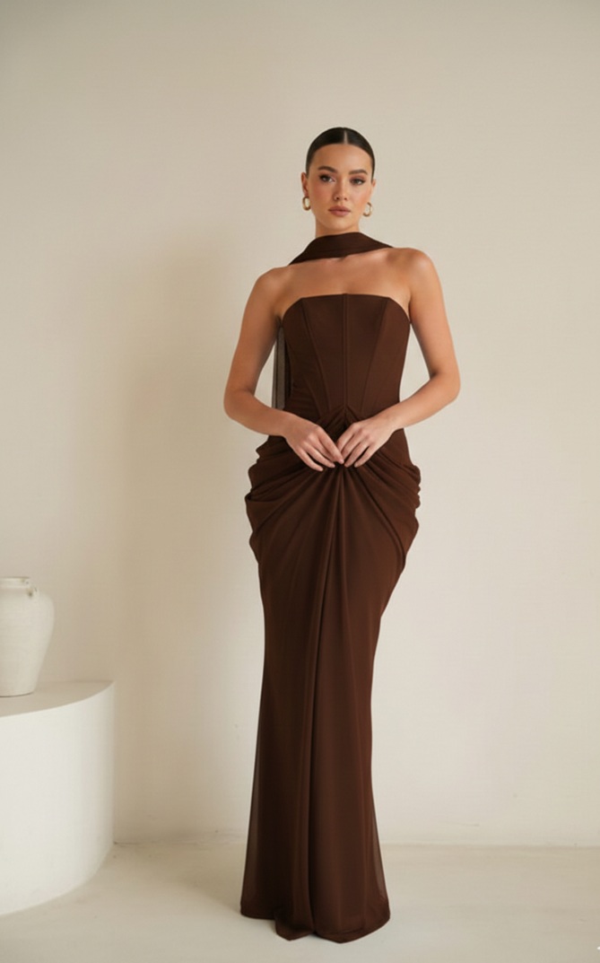 שמלת ערב מקסי נאורה חום3